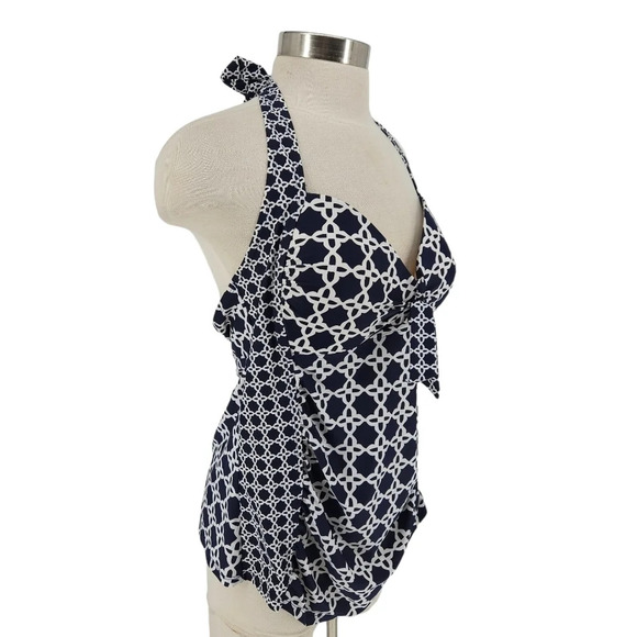Merona Tankini Top Swimsuit Navy Blue Print Padded Bra Tie Halter - Picture 3 of 8